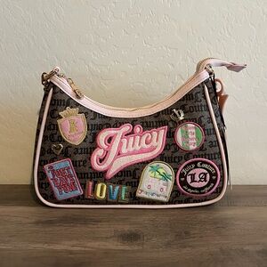 Juicy Couture Brown Logo Patch Shoulder Bag with Pink Trim